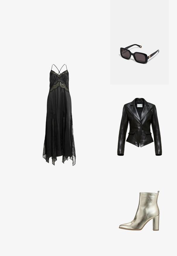 Blazer i sort læder har en skræddersyet pasform, skarpe revers, enkelt knaplukning og to frontlommer. Glat tekstur og slankt design.; AllSaints JASMINE DRESS - Gallakjole - black; Metallic guld ankelstøvle med spids tå, glat tekstur og en chunky høj hæl. Har en løkke bagpå for nem påtagning.; Sorte rektangulære solbriller med mørke linser, blanke plastikstel og guldfarvede detaljer på stængerne.
