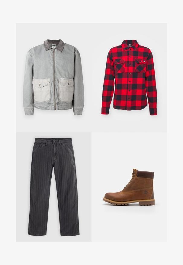 Grå denimjakke med et kordfløjlskrave, to store forlommer og en lynlåsåbning. Har en kontrasterende lysere stof til lommerne.; Rød og sort ternet flanelskjorte med lange ærmer, to brystlommer og knaplukning, med en klassisk krave og tekstureret stof.; Sortstribede bukser lavet af bomuldsblandingsstof. Har et lige ben-design, sidelommer og en knaplukning.; Brun læder vandrestøvle med en glat finish, polstret ankel, metalliske snørehuller og en gummisål med et robust dækmønster.