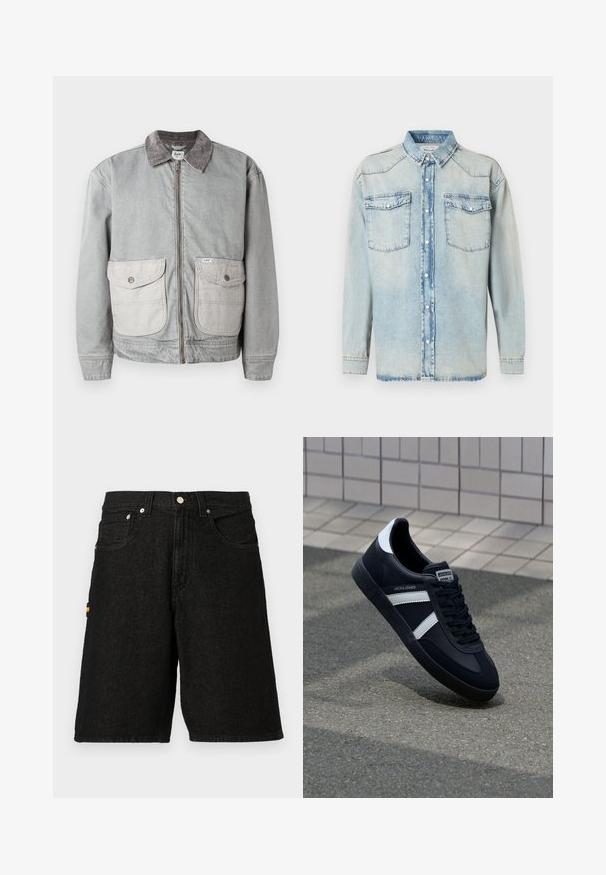 Grau Jeansjacke mit einem Cordkragen, zwei großen Fronttaschen und einem Reißverschluss. Verfügt über einen kontrastierenden, helleren Stoff für die Taschen.; Hellblaues Jeanshemd mit langen Ärmeln, zwei Brusttaschen, Knopfleiste und klassischem Kragen. Durchgehend verwaschene Textur.; Schwarze Denim-Shorts mit einem klassischen Fünf-Taschen-Design, silbernem Metallzubehör und einem dezenten orangen Akzent an der Seitentasche.; Schwarze Leder-Sneaker mit weißen Streifen, strukturiertem Gummisohle und Schnürung. Verfügt über ein Markenetikett auf der Zunge.