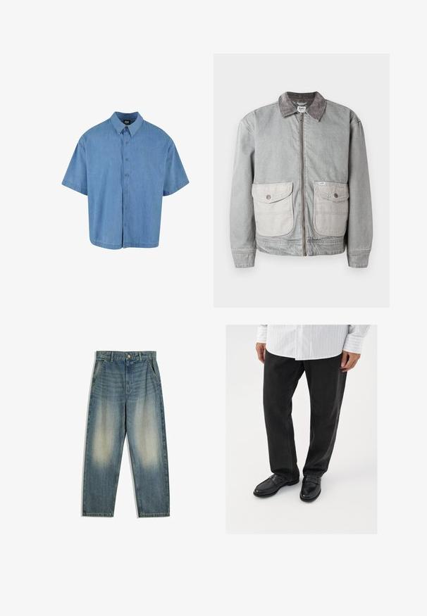 Grå denimjakke med et kordfløjlskrave, to store forlommer og en lynlåsåbning. Har en kontrasterende lysere stof til lommerne.; Lyseblå kortærmet skjorte med knapper lavet af denim. Har en klassisk krave og seks knaplukninger foran.; Blå denimjeans med høj talje, sidelommer, knaplukning og falmede områder på forsiden af lårene.; Sorte denimbukser parret med skinnende sorte loafers. Skjorten er hvid med tynde lodrette striber, har lange ærmer og en knapkrave.