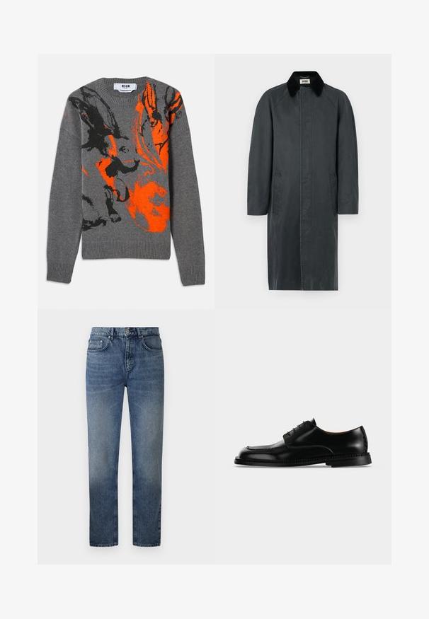 Lang sort frakke lavet af et mat stof med en kontrastfarvet krave, to sidelommer og en lige silhuet.; Grå strikket sweater med et kontrasterende orange og sort abstrakt design. Rund hals og ribbede manchetter og kant. Blød tekstur.; Blå denimjeans med lige pasform, fem lommer, metalknaplukning og let falming på lårerne. Klassisk syning detaljer overalt.; Sort blankt læder snøresko med tyk detaljeret sål, vist fra højre side mod en ensartet lys baggrund.