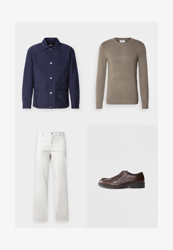 Veste pour homme bleu marine avec fermeture à boutons, deux grandes poches avant, et un col pointu, présentée sur un fond blanc.; Pull en coton couleur khaki, fabriqué en maille douce, avec un col rond, des manches longues et un logo brodé subtil sur la poitrine.; Pantalon gris clair avec une coupe droite, fabriqué dans un tissu lisse, doté d'une fermeture à bouton à l'avant et de poches latérales.; Chaussure habillée en cuir marron avec un bout arrondi, des accents de couture minimum, et une semelle noire robuste. Présente un système de laçage et une texture lisse.