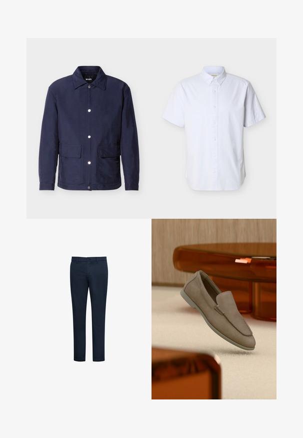 Chaqueta azul marino para hombre con cierre de botones, dos grandes bolsillos delanteros y cuello puntiagudo, exhibida sobre un fondo blanco.; Camisa blanca de manga corta con botones, confeccionada en algodón, con un cuello clásico y un pequeño logo bordado en el pecho.; Pantalones chinos azul marino con textura suave, corte ajustado, trabillas para cinturón, bolsillos frontales y cierre con botón. Diseño limpio y detalles mínimos.; Mocasín beige de ante sin cordones con costuras visibles y suela clara, posicionado sobre una alfombra color crema, con un mueble translúcido naranja en el fondo.