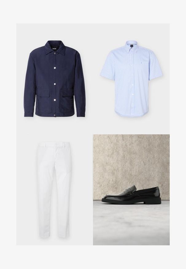 Chaqueta azul marino para hombre con cierre de botones, dos grandes bolsillos delanteros y cuello puntiagudo, exhibida sobre un fondo blanco.; Camisa de manga corta con rayas verticales en azul claro y blanco, cierre de botones, cuello abotonado y un discreto logo bordado en el pecho.; Pantalones blancos de corte ajustado con trabillas para cinturón y bolsillos laterales, mostrados extendidos sobre un fondo claro.; Zapato loafer de cuero negro pulido flotando sobre una alfombra beige con muebles translúcidos naranjas de fondo.