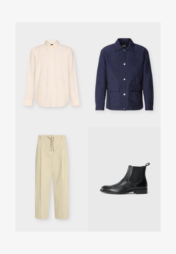 Veste pour homme bleu marine avec fermeture à boutons, deux grandes poches avant, et un col pointu, présentée sur un fond blanc.; Chemise beige à manches longues boutonnée avec des rayures verticales subtiles et un col classique, présentée sur un fond clair uni.; Pantalon beige droit avec passants pour ceinture et nouage à l'avant, présentant un design épuré et ajusté ainsi qu'un tissu texturé.; Bottine en cuir noir avec des panneaux latéraux élastiques, bout rond et tirette. Texture lisse, semelle plate, design minimaliste.