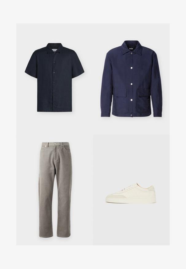 Veste pour homme bleu marine avec fermeture à boutons, deux grandes poches avant, et un col pointu, présentée sur un fond blanc.; Chemise noire à manches courtes avec boutons et col classique, présentée sur un fond clair uni.; Pantalons en velours côtelé gris avec une coupe droite, dotés d'une taille haute, de poches avant et d'une texture côtelée verticale subtile.; Baskets en daim blanc à finition lisse, embout rond, design lacé plat, avec des accents texturés contrastants. Comprend un détail de logo subtil.