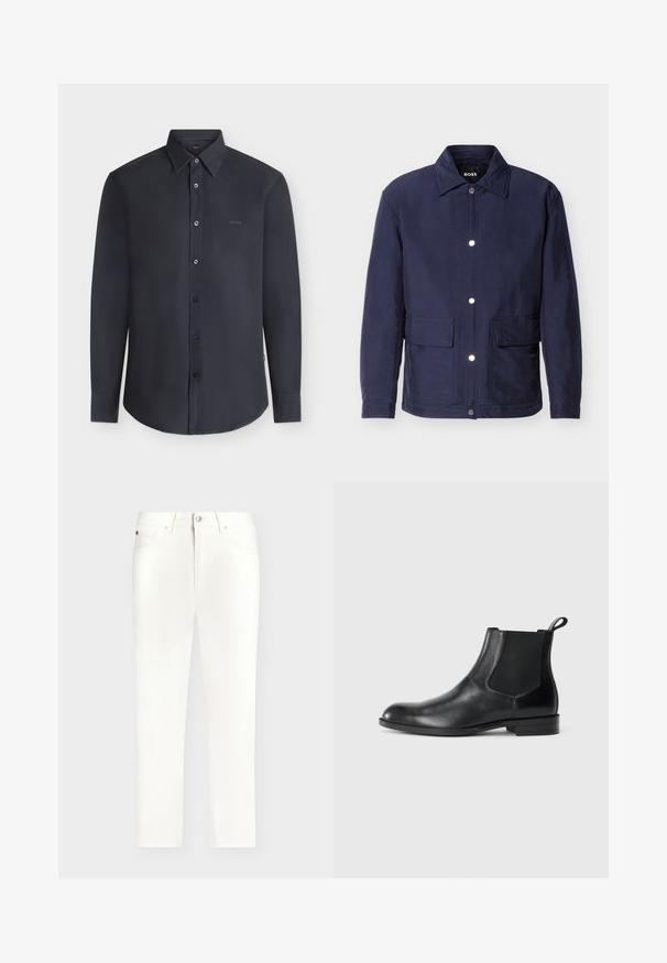 Veste pour homme bleu marine avec fermeture à boutons, deux grandes poches avant, et un col pointu, présentée sur un fond blanc.; Chemise noire à manches longues boutonnée avec col, avec le logo « BOSS » sur la poitrine, présentée sur un fond clair uni.; Jean droit blanc avec cinq poches, fermeture par bouton et fermeture éclair, présenté sur un fond gris clair.; Bottine en cuir noir avec des panneaux latéraux élastiques, bout rond et tirette. Texture lisse, semelle plate, design minimaliste.