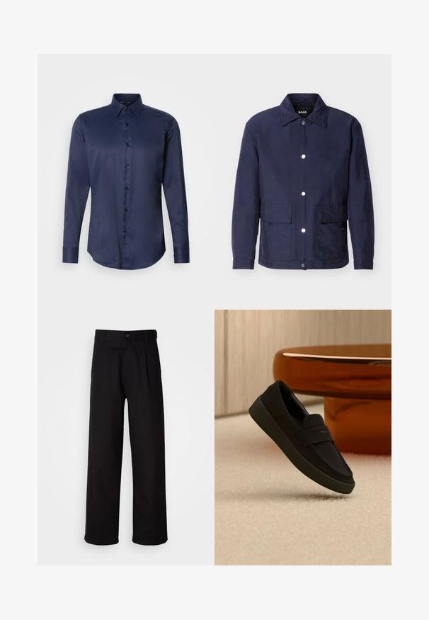 Heren jack in marineblauw met knoopsluiting, twee grote voorzakken en een puntige kraag, getoond tegen een witte achtergrond.; Navyblauwe herenoverhemd met lange mouwen, puntige kraag en knoopsluiting aan de voorkant, weergegeven op een eenvoudige witte achtergrond.; Zwarte broeken van gladde stof, met een rechtlopende pijpontwerp, frontplooien en een enkele knoopsluiting bij de taille.; Zwarte instapschoen met dikke zool zwevend boven beige tapijt, met een moderne ronde bruine tafel op de achtergrond.