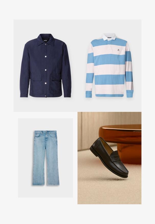 Herrejakke i marineblå med knaplukning, to store forlommer og en spids krave, vist mod hvid baggrund.; Langærmet polo-shirt med vandrette blå og lyserøde striber, hvid krave og diskret logo på brystet. Fremstillet i bomuld.; Lyseblå denimbukser med lige ben, der har fem lommer, knaplukning og syning langs sømmene.; Sort læder loafer-sko hængende over beige tæppe med ravfarvet moderne møblement i baggrunden.