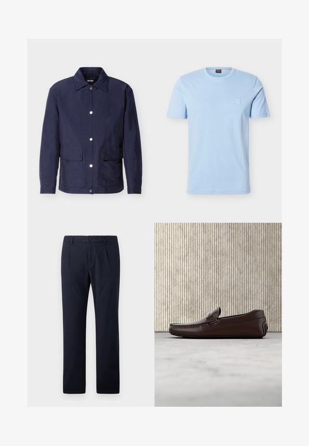 Veste pour homme bleu marine avec fermeture à boutons, deux grandes poches avant, et un col pointu, présentée sur un fond blanc.; T-shirt bleu clair à manches courtes avec un col rond, orné d’un petit logo carré embossé sur la poitrine gauche et d’une étiquette de cou de marque.; Pantalon bleu marine en tissu mélangé coton, avec un design à devant plat, deux poches latérales et des plis subtils.; Mocassins en cuir marron avec une finition lisse, des coutures de style mocassin, un bout rehaussé et une semelle en caoutchouc basse et flexible.