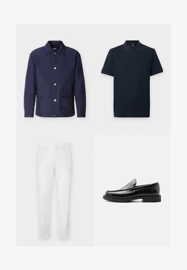 Herrenjacke in Marineblau mit Knopfverschluss, zwei großen Fronttaschen und spitzem Kragen, vor weißem Hintergrund dargestellt.; Marineblaues kurzärmeliges Poloshirt mit Kragen, zwei schwarzen Knöpfen und dezentem, auf der Brust gesticktem Logo.; Weiße Slim-Fit-Hose mit Gürtelschlaufen und Seitentaschen, flach auf hellem Hintergrund ausgelegt.; Schwarzer Lederloafer mit grober Gummisohle, genähter Oberseite und geprägtem Markennamen an der Ferse, seitlich auf weißem Hintergrund gezeigt.