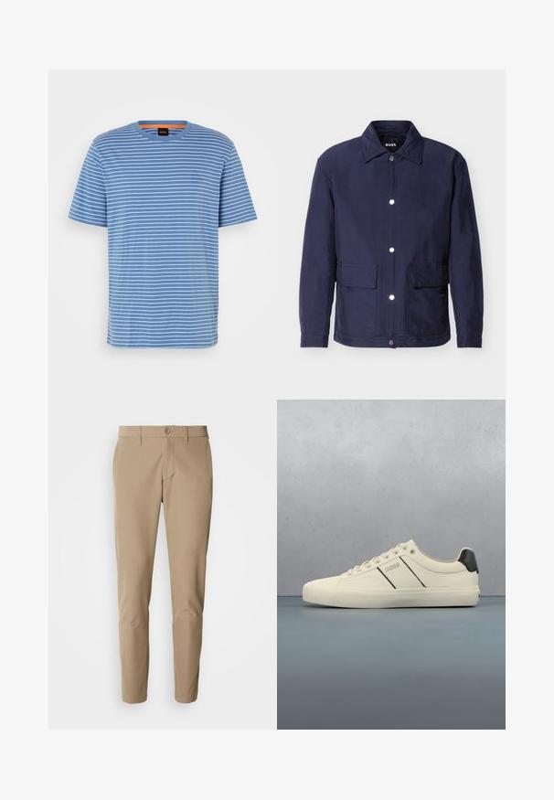 Herrenjacke in Marineblau mit Knopfverschluss, zwei großen Fronttaschen und spitzem Kragen, vor weißem Hintergrund dargestellt.; Baumwoll-T-Shirt in Blau mit weißen horizontalen Streifen, Rundhalsausschnitt, kurzen Ärmeln und kleinem Logo-Detail auf der Vorderseite.; Beige Hose aus glattem Stoff mit geradem Schnitt, ausgestattet mit einem Knopfverschluss und frontalen Taschen, ergänzt durch Gürtelschlaufen.; Cremfarbene Sneaker mit glatter Oberfläche, die schwarze Akzente und Markenlogo aufweisen. Klassisches Schnürdesign mit runder Zehenform und Gummisohle.