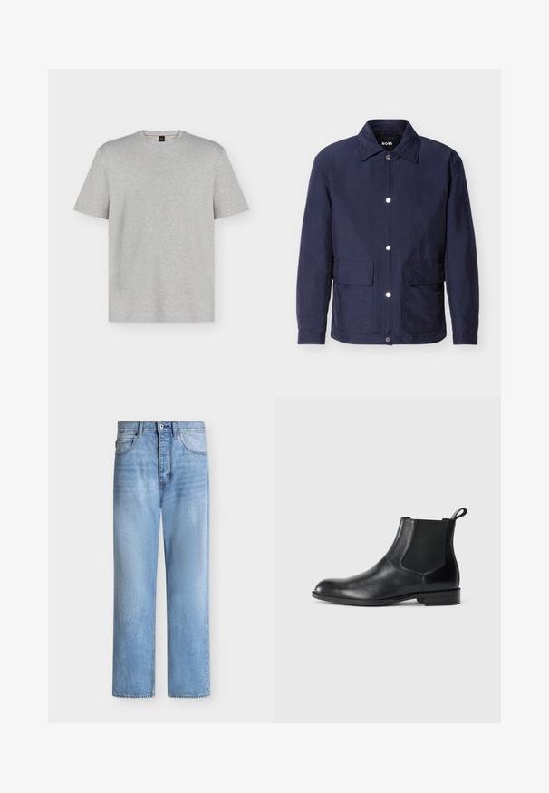 Veste pour homme bleu marine avec fermeture à boutons, deux grandes poches avant, et un col pointu, présentée sur un fond blanc.; T-shirt gris clair à manches courtes et col rond avec un logo "BOSS" discret en relief centré sur la poitrine.; Jean droit en denim bleu clair avec fermeture par bouton et zip, poches avant et arrière, et passants de ceinture à la taille.; Bottine en cuir noir avec des panneaux latéraux élastiques, bout rond et tirette. Texture lisse, semelle plate, design minimaliste.