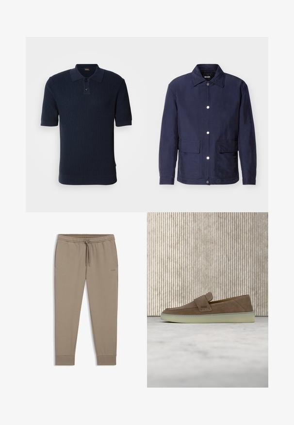 Heren jack in marineblauw met knoopsluiting, twee grote voorzakken en een puntige kraag, getoond tegen een witte achtergrond.; Marineblauw ribbed poloshirt met een twee-knops knoopsluiting, korte mouwen en een platte kraag. De stof heeft een gestructureerde afwerking en een getailleerde pasvorm.; Beige taps toelopende joggingbroek met elastische tailleband, trekkoord, geribbelde boorden, zijzakken en een subtiel geborduurd BOSS-logo op de rechterdij.; Beige suède instapper loafer met witte rubberen zool en BOSS-logo op de zijband, getoond tegen een effen neutrale achtergrond.