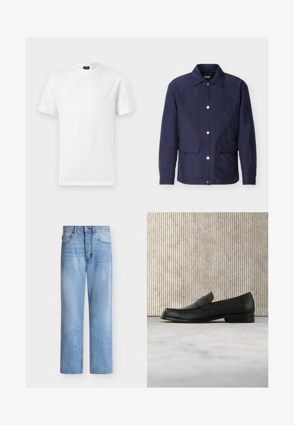 Veste pour homme bleu marine avec fermeture à boutons, deux grandes poches avant, et un col pointu, présentée sur un fond blanc.; T-shirt blanc à manches courtes et col rond, avec une subtile texture côtelée verticale, présenté sur un fond gris clair uni.; Jean droit en denim bleu clair avec fermeture par bouton et zip, poches avant et arrière, et passants de ceinture à la taille.; Mocassin en cuir noir flottant au-dessus d'un tapis beige avec une table ronde brune brillante en arrière-plan.