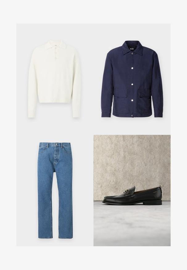 Chaqueta azul marino para hombre con cierre de botones, dos grandes bolsillos delanteros y cuello puntiagudo, exhibida sobre un fondo blanco.; Suéter blanco de cuello con tres botones en la parte delantera y puños y dobladillo acanalados. Tejido suave y texturizado con un ajuste relajado.; Pantalones vaqueros de mezclilla azul claro con corte recto, cinco bolsillos, cierre de botón y detalles de costuras sutiles a lo largo de las costuras.; Mocasín de cuero negro con pieza metálica dorada y logotipo "HUGO", exhibido sobre una alfombra beige y muebles translúcidos marrones.