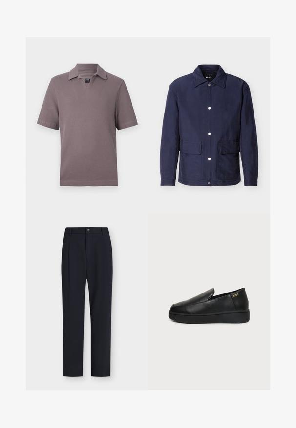 Veste pour homme bleu marine avec fermeture à boutons, deux grandes poches avant, et un col pointu, présentée sur un fond blanc.; Polo manches courtes mauve en tissu texturé avec une petite étiquette noire "BOSS" au col en V.; Pantalon formel bleu marine à coupe droite, passants pour ceinture, fermeture avant par bouton et zip, présenté sur un fond uni.; Chaussure noire en cuir à enfiler avec semelle épaisse et petits trous de ventilation latéraux, avec un logo doré "HUGO" près du talon.