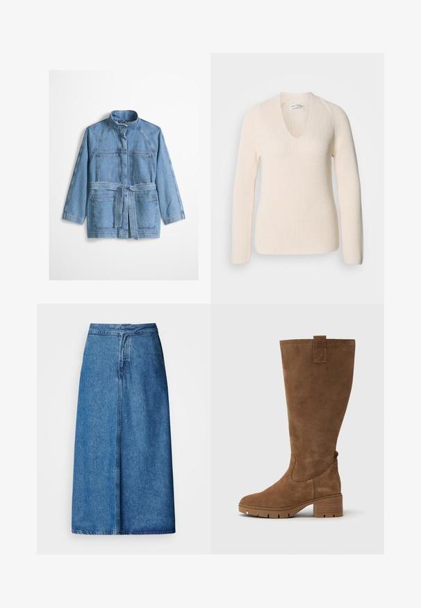 Hellblaue Jeansjacke mit hohem Kragen, langen Ärmeln, zwei Brusttaschen, zwei unteren Taschen und einem passenden Stoffgürtel, der in der Taille gebunden ist.; Cremfarbener, gestrickter Pullover mit V-Ausschnitt, langen Ärmeln und geripptem Stoff, der eine lockere Passform hat und kein sichtbares Muster oder Akzente aufweist.; Jeans-Midirock mit entspanntem Schnitt, hoher Taille, ausgefranstem Saum und einfarbigem Blau. Schlichtes Design ohne sichtbare Verzierungen.; Tamaris Stiefel - brown