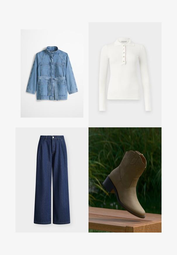 Veste en denim bleu clair avec col haut, manches longues, deux poches poitrine, deux poches basses, et une ceinture en tissu assorti nouée à la taille.; Polo blanc à manches longues côtelé avec cinq boutons et un col rabattu sur un fond uni.; Pantalon large en denim bleu foncé taille haute avec plis sur le devant, passants de ceinture et fermeture par bouton.; Bottine en daim couleur fauve avec surpiqûres décoratives et petit talon carré, posée au bord d'une surface en bois en extérieur.