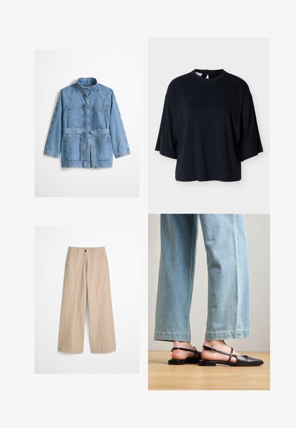 Lichtblauwe spijkerjasje met hoge kraag, lange mouwen, twee borstzakken, twee lagere zakken en een bijpassende stoffen riem gestrikt in de taille.; Zwarte oversized kortärmelige blouse met ronde halslijn en knoopsluiting aan de achterkant, afgebeeld op een witte achtergrond.; Beige wijde pijpen broek met een voorvouw, riemlussen, knoopsluiting en een klein stoffen label aan de rechterkant van de tailleband.; Zwarte leren slingback schoenen met een spitse neus, platte hak en enkelband; gedragen met lichtblauwe wijde jeans.