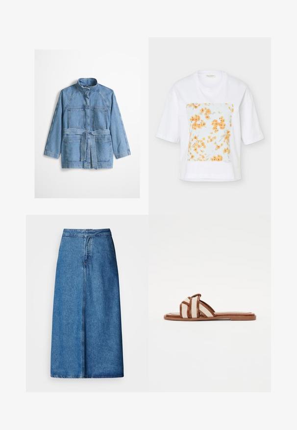 Lyseblå denimjakke med høj krave, lange ærmer, to brystlommer, to nederste lommer og et matchende stofbælte bundet i taljen.; Hvid t-shirt med korte ærmer med et firkantet print foran af små orange blomster på en lyseblå baggrund.; Denim midi-nederdel med afslappet pasform, høj talje, frynset kant og ensfarvet blå. Enkel design uden synlige udsmykninger.; Brune flade sandaler med brede vævede stofremme, der har en glat syntetisk sål og et minimalistisk design.