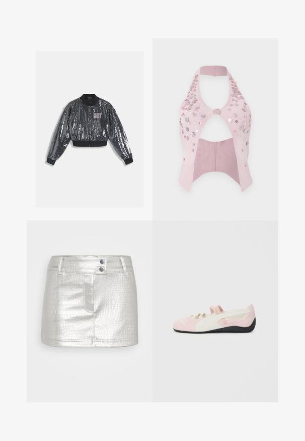 Svart bomberjakke med paljetter, glidelåslukking, ribbestrikkede mansjetter og krage. Har en rosa "JUICY"-logo på fronten. Glitrende tekstur.; Rosa ribbet topp med halterneck, kutt-design, prydet med forskjellige størrelser av blanke knapper på den ene siden.; Sølv, faux skinn skjørt med strukturert krokodillemønster, med to blå knapper som detaljer og en tettsittende design.; Rosa semskede slip-on sko med hvite detaljer, gummisåle og elastiske stropper. Har et teksturert design og en liten logo foran.