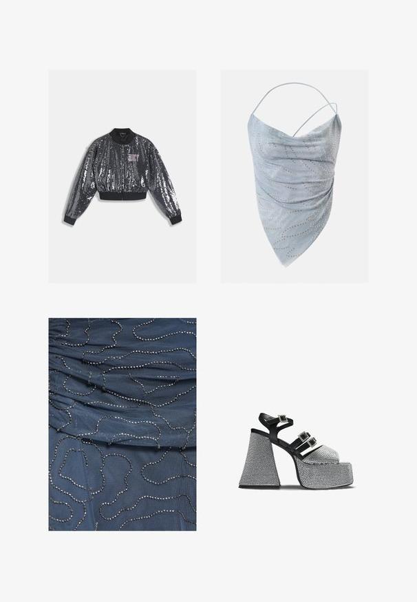 Veste bomber noire à sequins avec fermeture éclair, poignets et col côtelés. Présente un logo "JUICY" rose sur le devant. Texture scintillante.; Haut asymétrique bleu clair à licou avec fines bretelles, agrémenté de petits clous ronds dorés et argentés disposés en motif dispersé.; Tissu bleu à texture plissée décoré de lignes perlées argentées irrégulières créant des motifs abstraits en boucles sur la surface.; Sandale à plateforme noire et argentée avec trois brides ornées de boucles en strass et un talon large et texturé.