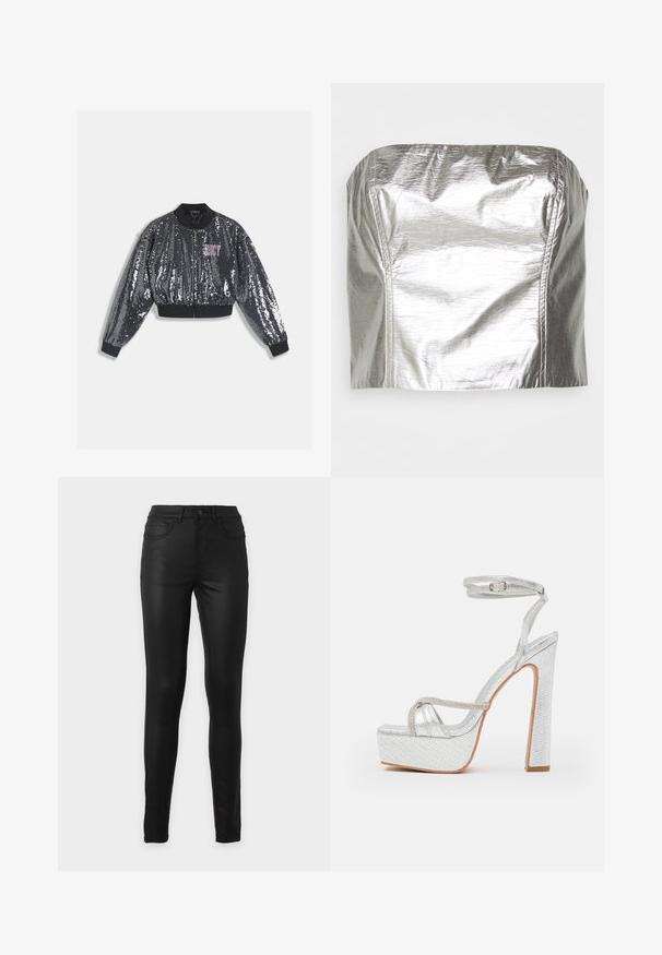 Čierna bomber bunda s flitrami, so zapínaním na zips, lemovanými manžetami a golierom. Na prednej strane ružové logo "JUICY". Lesklá textúra.; Gina Tricot TUBE - Top - silver-coloured; Čierne priliehavé džínsy s vysokým pásom, prednými a zadnými vreckami, pútkami na opasok a zapínaním na gombík na jednoduchom pozadí.; Strieborné platform sandále so štruktúrovaným materiálom, s remienkom okolo členku a akcentom z kryštálikov. Námestý špička a dizajn s vysokým blokovým podpätkom.
