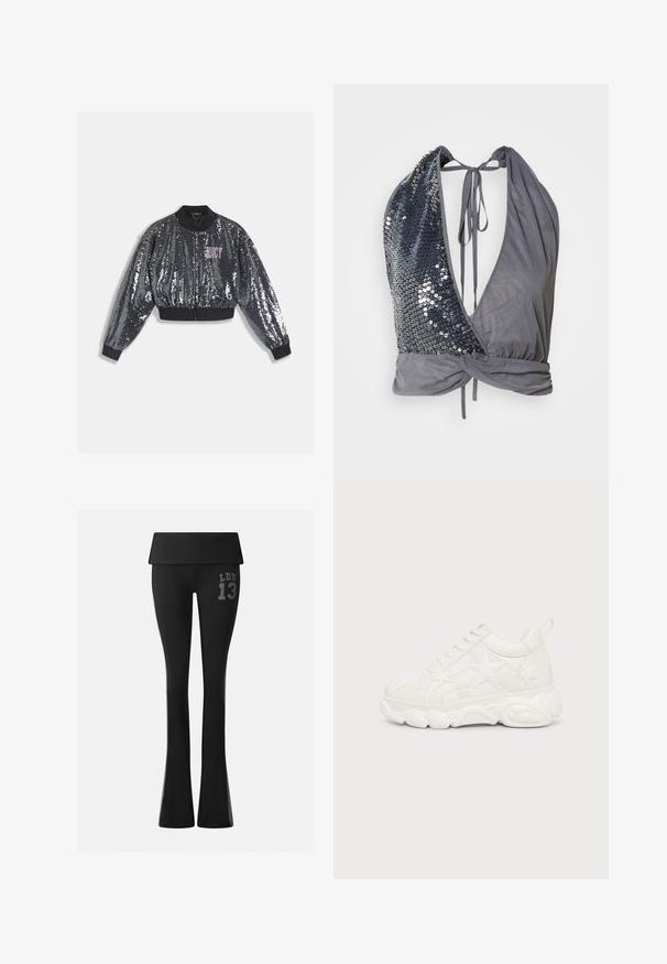 Black sequined bomber jacket with a zip closure, ribbed cuffs, and collar. Features a pink "JUICY" logo on the front. Sparkly texture.; Halter-neck top in grey fabric with a deep V-cut. One side features dark sequins, while the other is smooth with a tied back detail.; Black high-waist flare pants with fold-over waistband, featuring "LDN 13" printed in gray on the upper thigh.; White chunky sneaker with star-shaped patterns and thick textured sole, viewed from the outer side on a plain background.