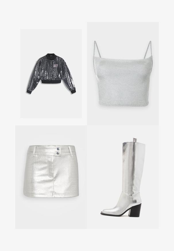 Čierna bomber bunda s flitrami, so zapínaním na zips, lemovanými manžetami a golierom. Na prednej strane ružové logo "JUICY". Lesklá textúra.; Strieborný metalický pletený crop top s tenkými nastaviteľnými ramienkami. Priliehavý strih a hladká textúra. Žiadne vzory ani viditeľné kovové detaily.; Strieborná sukňa z umelého kože s textúrovaným vzorom krokodíla, s dvomi modrými gombíkovými akcentmi a priliehavým strihom.; Strieborné kožené čižmy po kolená so štvorcovou špičkou, zvýraznené lesklým kovovým povrchom a robustným čiernym blokovým opätkom.