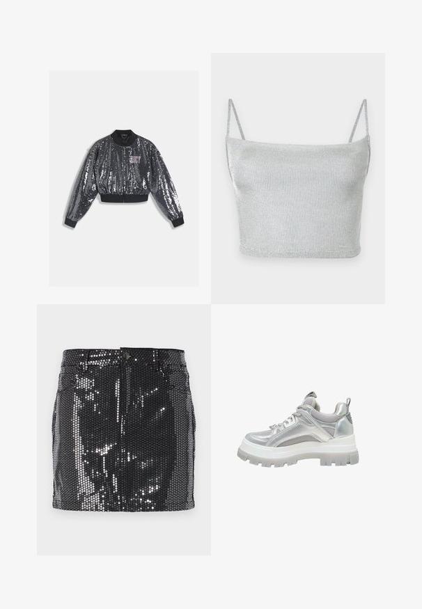 Veste bomber noire à sequins avec fermeture éclair, poignets et col côtelés. Présente un logo "JUICY" rose sur le devant. Texture scintillante.; Crop top court en maille métallique argentée avec fines bretelles ajustables. Coupe ajustée et texture lisse. Aucun motif ni détail métallique visible.; Mini-jupe en sequins noirs avec un design ajusté, fermeture à bouton et une texture brillante qui reflète la lumière. Ourlet droit et poches fonctionnelles.; Baskets à semelle épaisse argentées avec panneaux en mesh, col matelassé, fermeture à lacets et languette au talon, vues de profil.