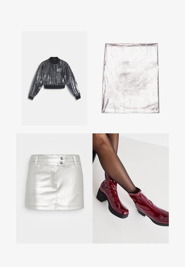 Veste bomber noire à sequins avec fermeture éclair, poignets et col côtelés. Présente un logo "JUICY" rose sur le devant. Texture scintillante.; Tissu argenté métallique avec une texture lisse et un léger éclat. Forme rectangulaire, bords soigneusement cousus, sans motifs ou accents marquants.; Jupe en cuir synthétique argenté avec un motif crocodile texturé, dotée de deux accents de boutons bleus et d'un design ajusté.; Bottines rouges en cuir verni avec un talon large noir et un détail de fermeture éclair. Texture lisse, design élégant avec un bout arrondi.