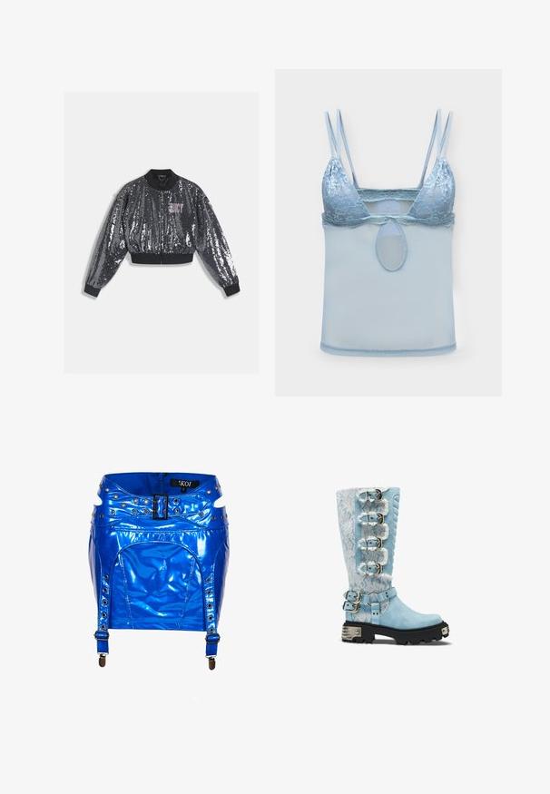 Black sequined bomber jacket with a zip closure, ribbed cuffs, and collar. Features a pink "JUICY" logo on the front. Sparkly texture.; Light blue lace bralette with double thin shoulder straps and mesh fabric below the bust, featuring a small oval cutout in the center.; Shiny blue PVC garter belt with black buckle, multiple eyelets, adjustable straps, and zipper closure, size small by brand KOI.; Tall light blue boot with white lace overlay, four side buckles, two ankle straps, quilted panel, and chunky black sole with silver accents.