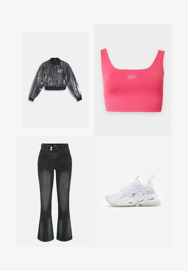 Čierna bomber bunda s flitrami, so zapínaním na zips, lemovanými manžetami a golierom. Na prednej strane ružové logo "JUICY". Lesklá textúra.; Ružový krátky top s hranatým výstrihom, vyrobený z hladkej látky, s výšivkou "tom my jeans" v bielej farbe uprostred vpredu.; Čierne prané džínsy z denimu s vysokým pásom, dvojitým zapínaním na gombíky, prednými vreckami a mierne rozšírenými nohavicami.; Biele tenisky s masívnou podrážkou, vrstveným sieťovinovým a syntetickým zvrškom, s vzorovanými akcentmi, systémom šnurovania a poutkom.