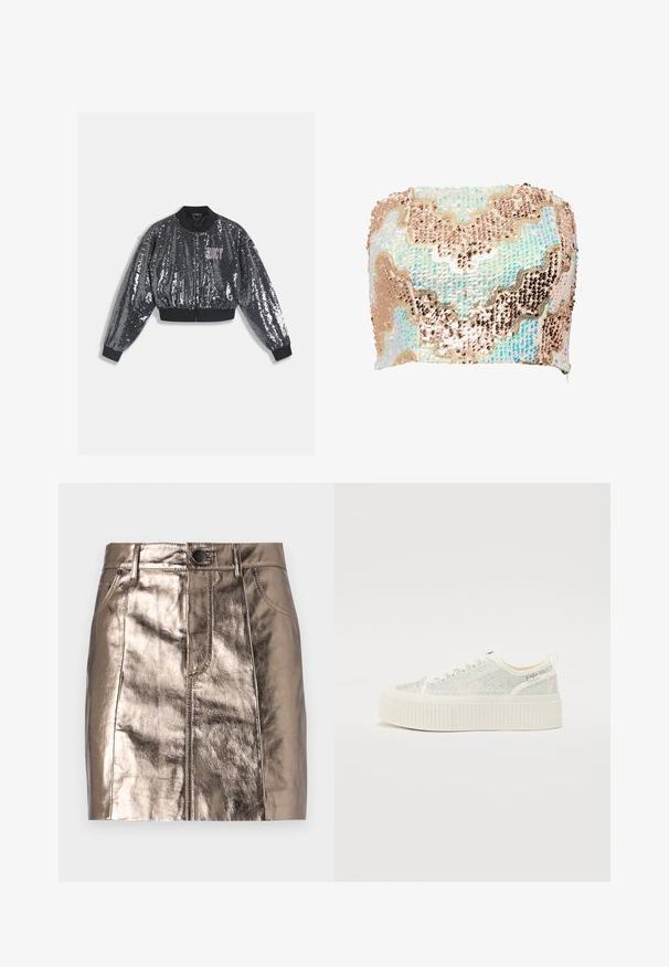 Čierna bomber bunda s flitrami, so zapínaním na zips, lemovanými manžetami a golierom. Na prednej strane ružové logo "JUICY". Lesklá textúra.; SOMETHINGNEW SNBABE TUBE SEQUIN CORSET - Top - moonstone; Metalická bronzová mini sukňa z denimu so štýlovým strihom, prednými vreckami a pásom so zapínaním na gombík. Hladká a lesklá textúra.; Biele platformové tenisky s textúrovaným zvrškom, ktorý má iridescentné akcenty a hrubú ribbovanú podrážku. Sťahovacie šnúrky a pútko na zadnej strane.