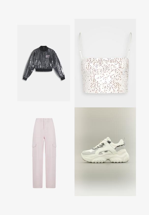 Čierna bomber bunda s flitrami, so zapínaním na zips, lemovanými manžetami a golierom. Na prednej strane ružové logo "JUICY". Lesklá textúra.; Gina Tricot SHIMMER CROPPED - Top - offwhite; Ružové cargo nohavice s voľným strihom, dvoma bočnými vreckami na klopu a zapínaním na gombík v páse. Vyrobené z odolnej látky s hladkou textúrou.; Biele mohutné tenisky s akcentmi v hadom vzore, hrubou textúrovanou podrážkou a suchým zipsom cez šnúrky na neutrálom pozadí.