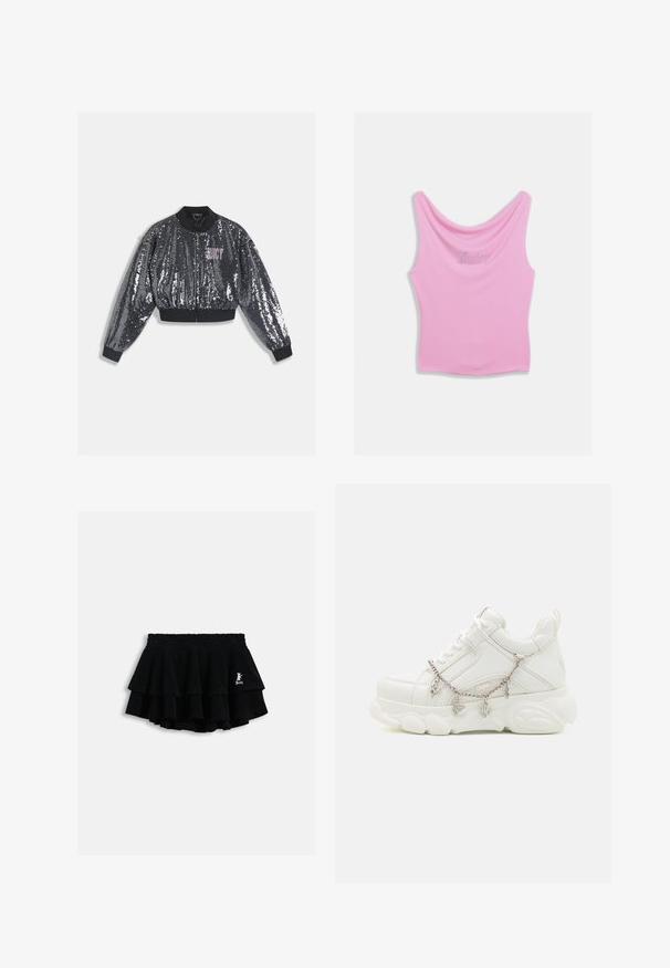 Veste bomber noire à sequins avec fermeture éclair, poignets et col côtelés. Présente un logo "JUICY" rose sur le devant. Texture scintillante.; Débardeur rose avec un col arrondi et une silhouette ajustée, avec le mot "Juicy" écrit en strass sur la poitrine. Texture de tissu doux.; Mini-jupe noire à volants avec taille élastique et petit logo blanc sur le côté droit, présentée sur un fond clair uni.; Baskets blanches avec une semelle épaisse, tige en cuir texturé et chaîne en métal décorative avec des breloques. Dispose d'un système de laçage et d'un col rembourré.