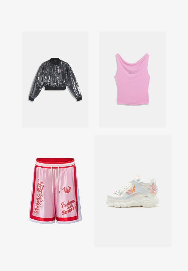 Veste bomber noire à sequins avec fermeture éclair, poignets et col côtelés. Présente un logo "JUICY" rose sur le devant. Texture scintillante.; Débardeur rose avec un col arrondi et une silhouette ajustée, avec le mot "Juicy" écrit en strass sur la poitrine. Texture de tissu doux.; Short de sport en satin rose avec bordure rouge et blanche, cordon blanc et texte rouge indiquant « True Religion », « est. 2002 » et « Fashion for the Senses ».; Baskets blanches épaisses à semelle épaisse, décorées d'appliques papillons pastel rose, orange et bleu sur les côtés et le talon.
