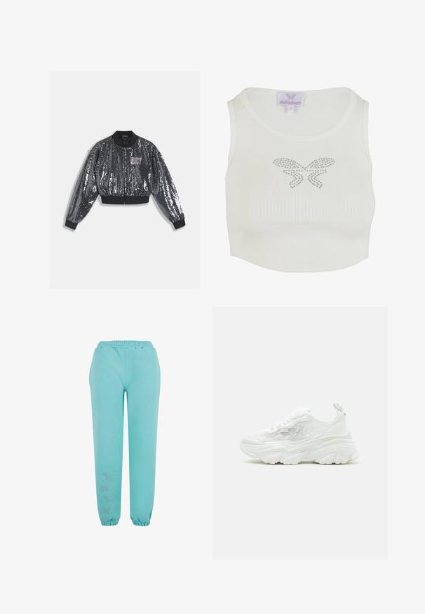 Zwarte bomberjack met pailletten, voorzien van een ritssluiting, geribbelde boorden en kraag. Heeft een roze "JUICY"-logo aan de voorkant. Glanzende textuur.; Witte geribde crop top met een rhinestone vlinderontwerp in het midden. De stof lijkt zacht en heeft een aansluitende pasvorm met een ronde hals.; Turquoise joggingsbroek gemaakt van zachte stof, met een elastische tailleband, elastische boorden en decoratieve vlinderapplicaties.; Witte chunky sneaker met veterluiting aan de voorkant, zijpanelen van mesh met bloemenprint, en dikke gevormde zool, weergegeven vanaf de linkerkant tegen een effen achtergrond.