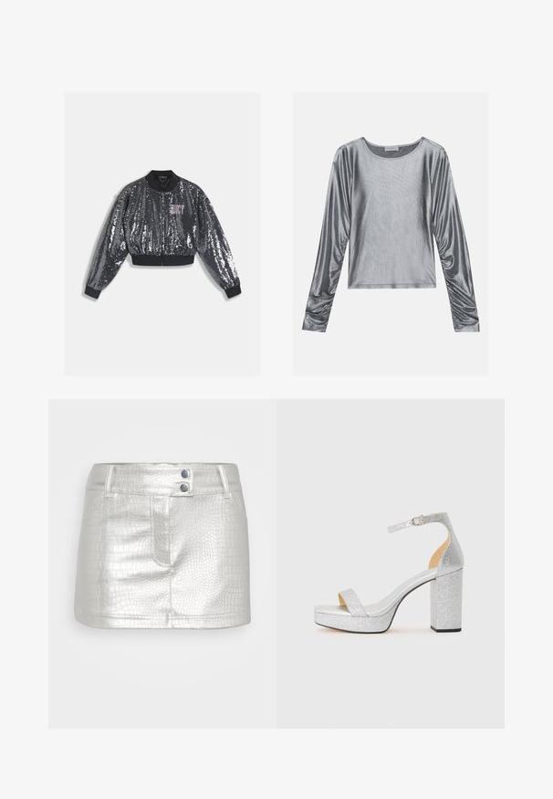 Veste bomber noire à sequins avec fermeture éclair, poignets et col côtelés. Présente un logo "JUICY" rose sur le devant. Texture scintillante.; Haut à manches longues argenté avec une texture lisse et brillante. Présente un col rond et des détails froncés au niveau des poignets.; Jupe en cuir synthétique argenté avec un motif crocodile texturé, dotée de deux accents de boutons bleus et d'un design ajusté.; Sandale à talon haut en argent pailleté avec un large talon carré, bout ouvert et bride au niveau de la cheville réglable. Intérieur lisse et extérieur texturé.