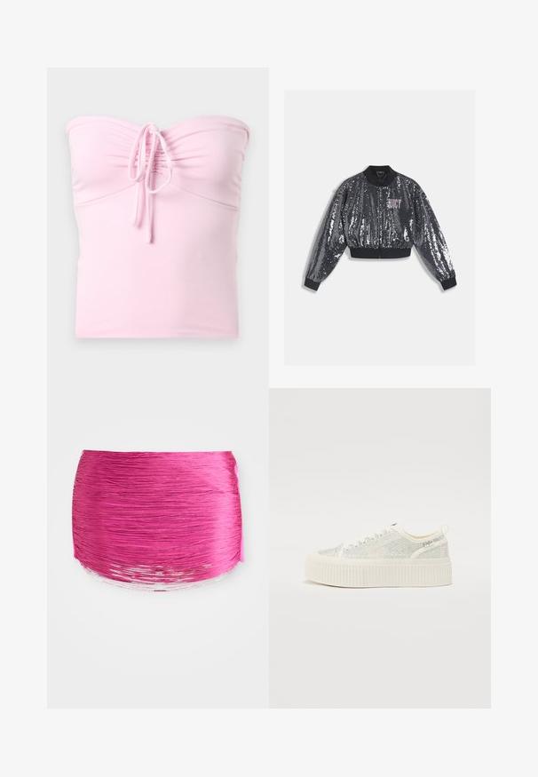 Mustast litridest bomberjakk luku, soonikkoesääre ja kraega. Esiküljel on roosa "JUICY" logo. Sädelev tekstuur.; Hollister Co. TIE FRONT TUBE - Topp - light pink; Roosa volditud kangas horisontaalsete joontega, ümar kuju ja kontrastse läikiva servaga. Silmapaistev värv ja siledad pinnad.; Valged platvormi tennisetossud, millel on tekstuuritatud ülemine osa ja iridesseerivad detailid, pakse ribaga tald. Ning lukk ja tagumist lükkamisauk.