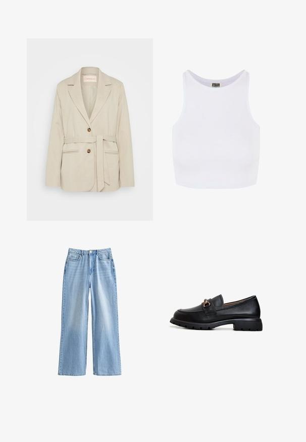 ONLY Tall ONLLETTA HERINGBONE COATIGAN - Korte frakker - leafless tree/chatey grey; Hvid ribbet cropped tanktop med brede skulderstropper og en rund udskæring. Har en blød tekstur og et minimalistisk design uden mønstre.; Lys blå vide jeans lavet af denim. Har høj talje, to frontlommer og subtil fading. Ren kant og struktureret design.; Sort læder loafersko med rund tå, dekorativt guldsmykke og en robust gummisål med et struktureret grebmønster.