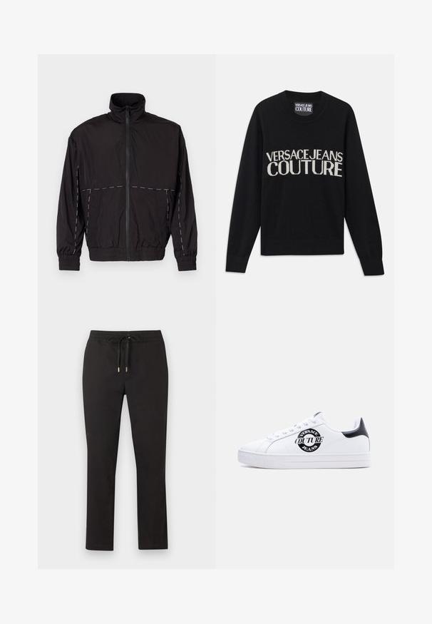 Veste légère noire avec un col haut et une fermeture éclair. Présente des accents de coutures blanches sur les épaules et les manches. Poignets élastiques.; Pull en tricot noir avec un col rond. Présente le logo "VERSACE JEANS COUTURE" en crème contrastante. Manches et ourlet côtelés. Texture douce.; Pantalon noir à jambes droites avec ceinture élastique et cordon de serrage à embouts métalliques, posé à plat sur un fond clair.; Baskets basses blanches avec languette de talon noire, logo circulaire noir "Versace Jeans Couture" sur le côté, lacets blancs et texte embossé sur la semelle.