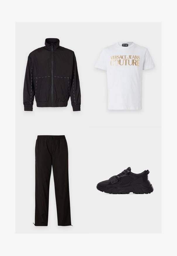 Schwarze leichte Jacke mit hohem Kragen und Reißverschluss. Mit weißen Nähakzenten an Schultern und Ärmeln. Elastische Bündchen.; Weißes Baumwoll-T-Shirt mit fettem goldenen "VERSACE JEANS COUTURE" Schriftzug auf der Vorderseite. Rundhalsausschnitt und kurze Ärmel.; Schwarze leichte Hose mit elastischem Bund, Kordelzugverschluss und Reißverschluss am Saum für eine verstellbare Passform. Glatte, elegante Textur.; Schwarzer klobiger Sneaker mit Mesh- und Lederpaneelen, dicker strukturierter Sohle, Schnürung vorne und einem Riemen mit Metallnieten über den Schnürsenkeln.