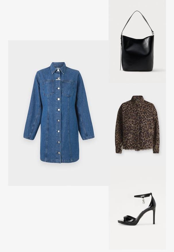 Bunda s leopardím vzorom, zapínanie na gombíky vpredu, dva klopové vrecká, dlhé rukávy, golier a rozstrapkaný lem na dolnom okraji.; CLOSED FITTED DRESS - Denimové šaty - mid blue; Čierne lakované kožené sandále na vysokom podpätku s otvorenou špičkou, remienkom na členku a strieborným ozdobným detailom. Disponujú moderným a elegantným dizajnom.; Čierna kožená taška s hladkou textúrou, širokým otvorom a jedným ramenným popruhom. S minimálnym dizajnom a nenápadným kovovým vybavením.