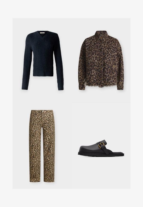 Leopardmønstret jakke med knapper foran, to klappelommer, lange ærmer, krave og frynset kant nederst.; Mørkeblå strikket sweater med V-hals, lange ærmer, struktureret ribbet mønster og en let cropped kant.; Bukser med lige ben med brunt og sort leopardprint, lukning med knap og lynlås foran samt fem-lomme-design på ensfarvet baggrund.; Sort læder slip-on sandal med bred justerbar rem og guldfarvet spænde, med rundet lukket tå og tekstureret sål.