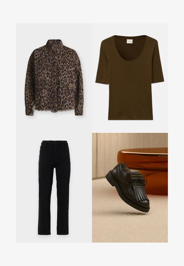 Leopardmønstret jakke med knapper foran, to klappelommer, lange ærmer, krave og frynset kant nederst.; Brun kortærmet skjorte lavet af blødt stof med rund halsudskæring og et enkelt, rent design. Ingen mønstre eller yderligere detaljer.; Sorte jeans i denim med lige ben, en mellemhøj talje og fem lommer. Har en frontlukning med knap og bæltestropper.; Sort læder snøresko med dekorativ frynse og metalnitter placeret på beige tæppe nær brunt møbel.
