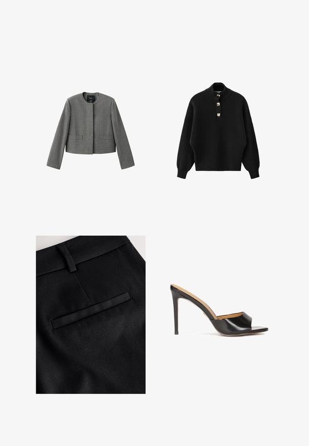 Grå cropped blazer med et subtilt ternet mønster, rund halsudskæring, lange ærmer og ingen synlige knapper eller lukninger.; Sort strikket pullover med høj krave, der har en knapstolpe med knapper i guldton og løstsiddende ærmer.; Sorte bukser i stof med en glat overflade, en presset talje og en enkelt baglomme med satinbort.; Sorte open-toe hæle mules med en blank læderfinish, taperet blokhæl og et glat buet bånd over vristen.