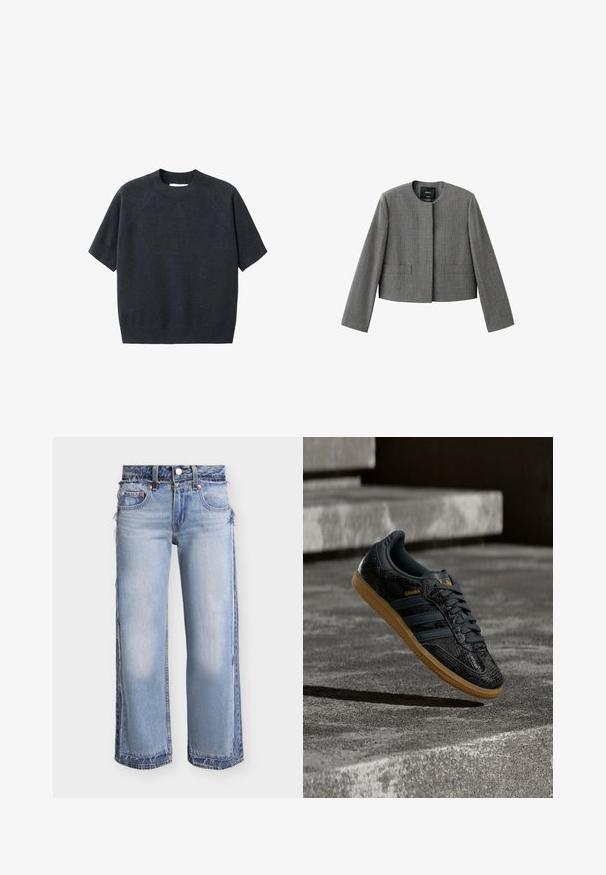 Blazer gris recortado con un sutil patrón a cuadros, escote redondo, mangas largas y sin botones ni cierres visibles.; Suéter de punto de manga corta en gris oscuro con cuello redondo, que presenta un corte holgado y mangas raglán, hecho de una tela suave y texturizada.; Vaqueros de pierna ancha en azul claro con paneles de denim superpuestos, bordes deshilachados y diseño estándar de cinco bolsillos.; Zapatilla negra Adidas Samba con patrón texturizado, suela de goma y logo dorado, posicionada en el aire sobre escalones de hormigón.