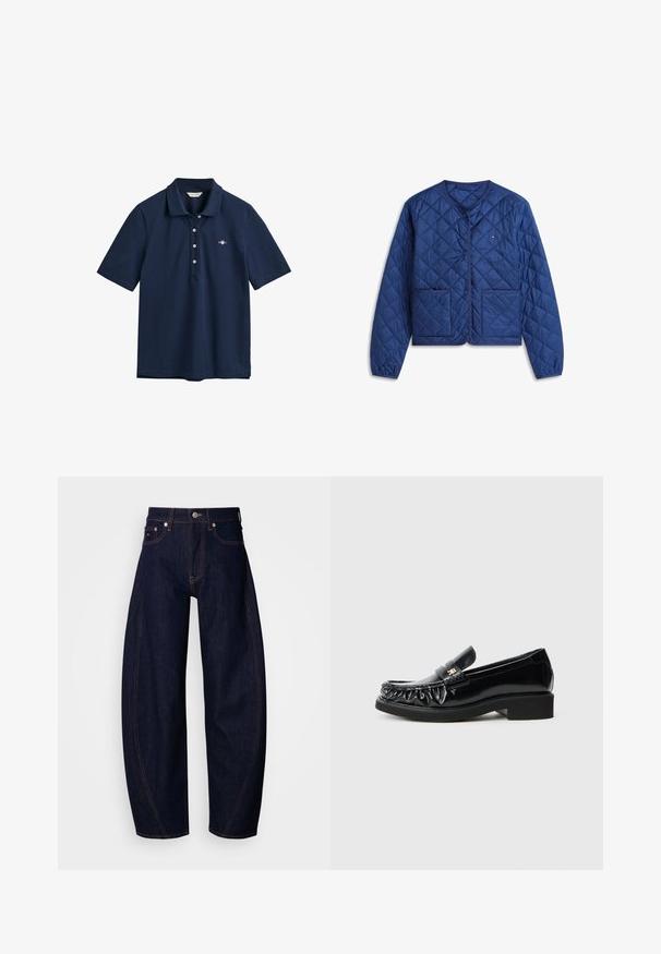 Veste matelassée bleue à manches longues, boutons-pression, deux poches avant et petit logo brodé sur la poitrine.; Polo bleu marine en coton, avec un col classique, une patte de boutonnage à trois boutons et un petit logo brodé sur la poitrine.; Jean en denim bleu foncé à coupe ample, avec une taille haute, des surpiqûres orange, un design classique à cinq poches et une fermeture à bouton.; Mocassins en cuir verni noir avec un bord froncé décoratif, semelle en caoutchouc plate et un petit logo métallique sur la sangle.